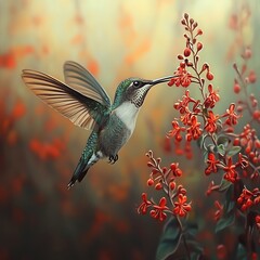 Fototapeta premium Emerald hummingbird drinks from delicate red blossoms in soft light feeding nectar photo