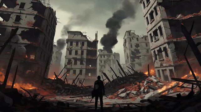 A solitary individual stands amidst a desolate, post-apocalyptic urban landscape engulfed in profound destruction. Towering, ruined buildings with gaping holes and crumbling facades dominate the scene