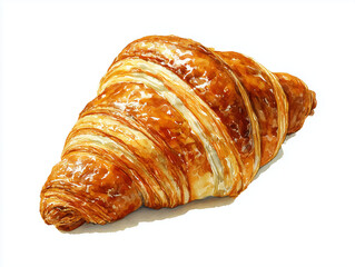 realistic watercolor croissant with golden flaky texture, white background