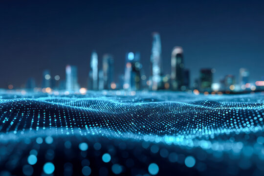 Abstract futuristic digital landscape with glowing blue data points and blurred city skyline in the background representing modern technology and innovation