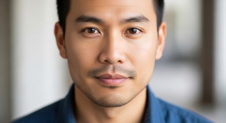 Obraz premium Close-up portrait of a confident young man with a soft smile and warm expression in natural lighting