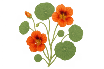 Nasturtium plants blooming with orange flowers and green leaves, botanical watercolor illustration on transparent background