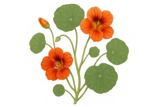 Nasturtium plants blooming with orange flowers and green leaves, botanical watercolor illustration on transparent background