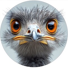 Emu face with large orange eyes and grey feathers in a circular frame ostrich bird photo