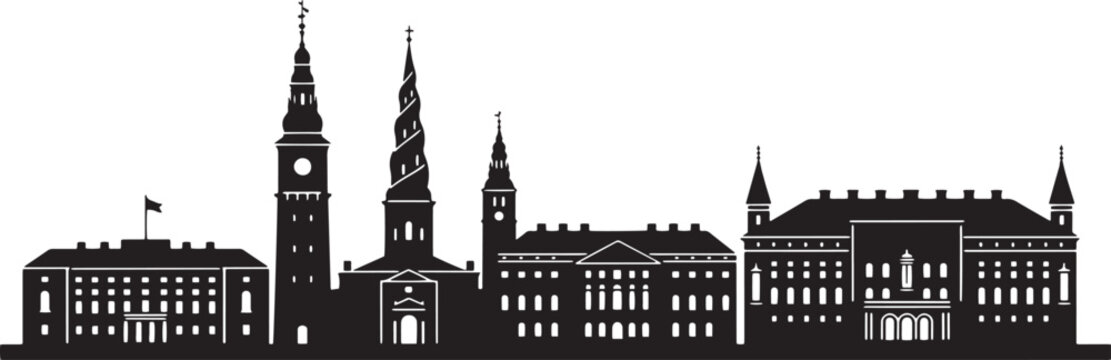 Copenhagen skyline silhouette with famous buildings landmarks attractions in denmark