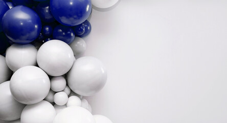 Blue and white balloon garland on a clean white background, festive decorative backdrop ideal for celebrations, parties, and event design.