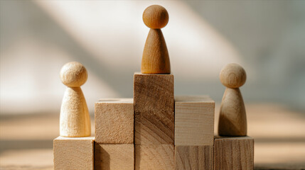 Wooden figurine standing on top of stacked blocks symbolizing leadership and achievement with two figures positioned on lower levels in soft natural lighting