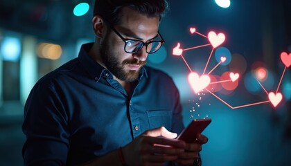 Bearded man in glasses uses smartphone at night. Digital hearts and likes connect around him. He interacts with social media on mobile phone.