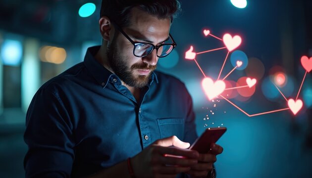 Bearded man in glasses uses smartphone at night. Digital hearts and likes connect around him. He interacts with social media on mobile phone.