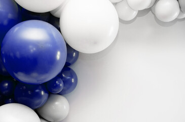 Modern balloon wall in blue, white and silver tones with clean negative space on the right. Minimalistic festive background perfect for branding, celebrations, layouts and design mockups.