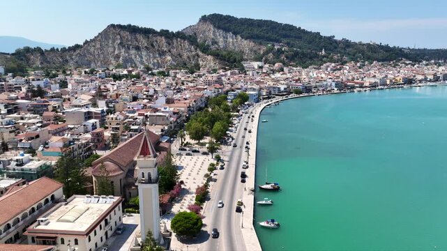 Aerial drone cinematic video of iconic Saint Dionysios Zakynthos Holy Orthodox Church in main town of Zakinthos island, Ionian, Greece