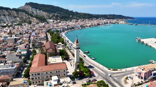 Aerial drone cinematic video of iconic Saint Dionysios Zakynthos Holy Orthodox Church in main town of Zakinthos island, Ionian, Greece