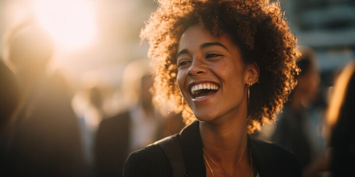 Happy business professional laughing during outdoor event with blurred background in soft warm light showcasing joy and connection in corporate networking atmosphere - Powered by Adobe