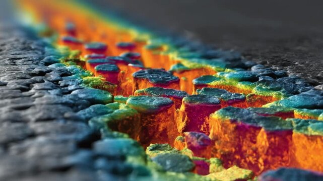 Dynamic study of metal solidification phases highlighting surface texture evolution and thermal conductivity via infrared visualization.