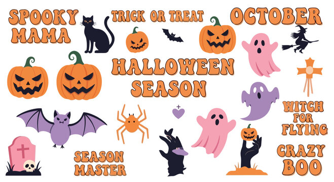 Halloweenthemed illustrations featuring pumpkins, ghosts, bats, and spooky characters for october celebration