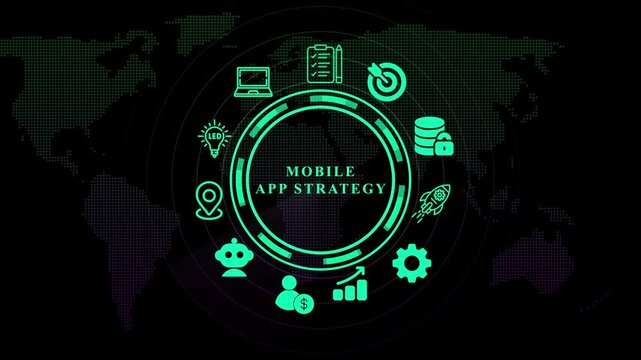 Mobile app strategy concept with icons on world map background. Business, technology, modern technology concept.