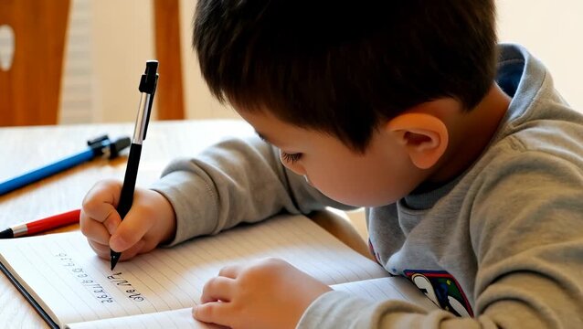 Young Asian Boy Writing in Notebook with Pencil