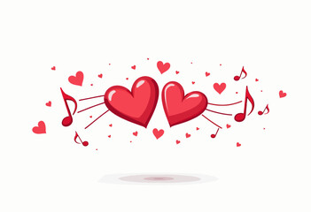 Vibrant illustration of two red hearts surrounded by musical notes and smaller hearts, symbolizing harmony and love in a playful and romantic design