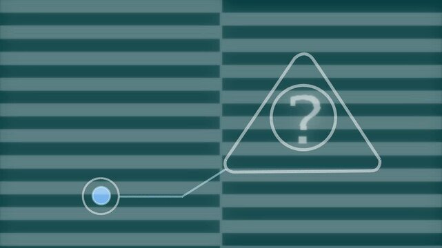 Digital warning sign with question mark and data lines on a striped background abstract alert