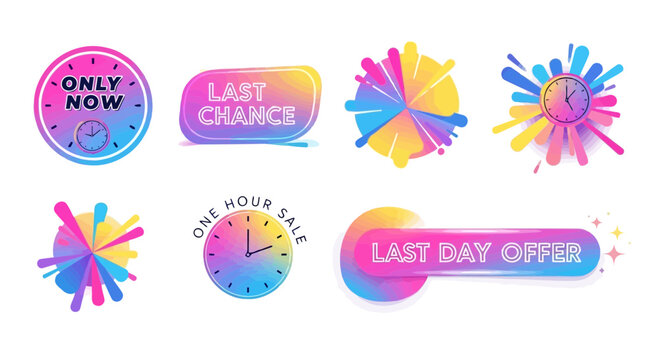 Colorful sale badges with vibrant watercolor splashes and promotional text for limited time offers - Powered by Adobe