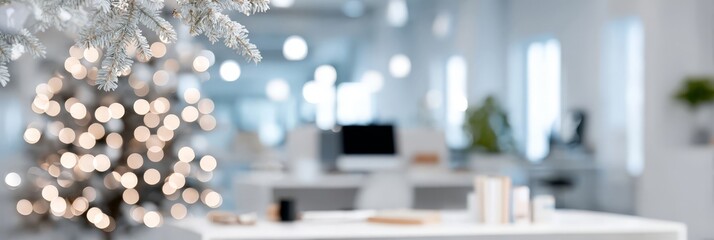 Modern office decorated for christmas with tree and lights in background