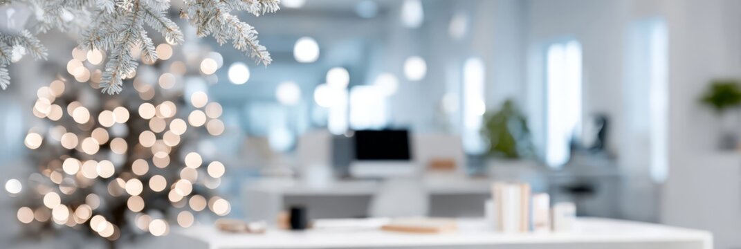 Modern office decorated for christmas with tree and lights in background - Powered by Adobe