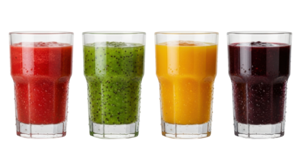 Row of four colorful fruit smoothies in clear glasses, featuring vibrant red, green, yellow, and purple hues, showcasing refreshing and healthy beverage selection
