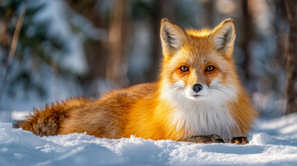 Obraz premium Stunning red fox resting calmly on snow in a winter forest with warm sunlight highlighting its vibrant fur and intense amber eyes in a serene natural setting