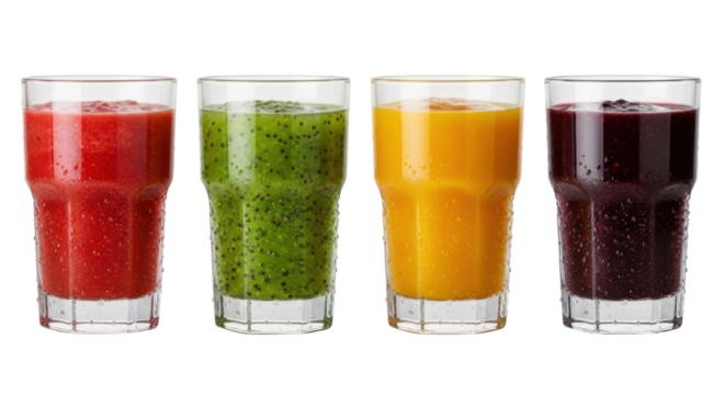 Row of four colorful fruit smoothies in clear glasses, featuring vibrant red, green, yellow, and purple hues, showcasing refreshing and healthy beverage selection