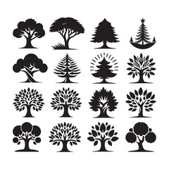 Large Set of Monochrome Black Tree Silhouette Icons, Logos, and Graphic Elements