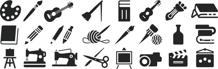 Art and craft icons set featuring painting tools, pencils, books, guitars, knitting yarn, sewing machines, scissors, camera, clapperboard and creative hobby illustration.