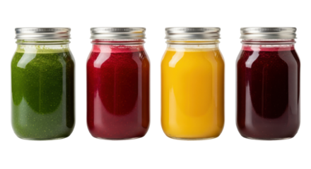 Four colorful jars of juice are lined up, each with metal lid. vibrant colors include green, red, yellow, and purple, suggesting variety of fresh fruit and vegetable blends. arrangement