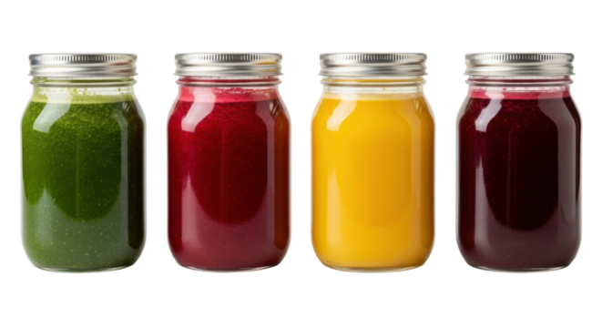 Four colorful jars of juice are lined up, each with metal lid. vibrant colors include green, red, yellow, and purple, suggesting variety of fresh fruit and vegetable blends. arrangement