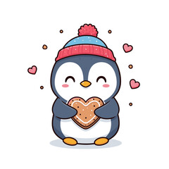 Cute penguin holding a heart-shaped cookie with a cheerful expression  