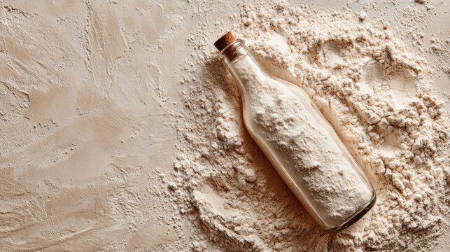 Glass bottle filled with flour on a textured surface overhead shot