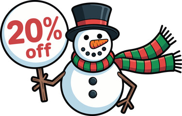 snowman character wearing top hat and scarf holding twenty percent off sign for winter holiday Christmas sales and discount promotion marketing campaigns.