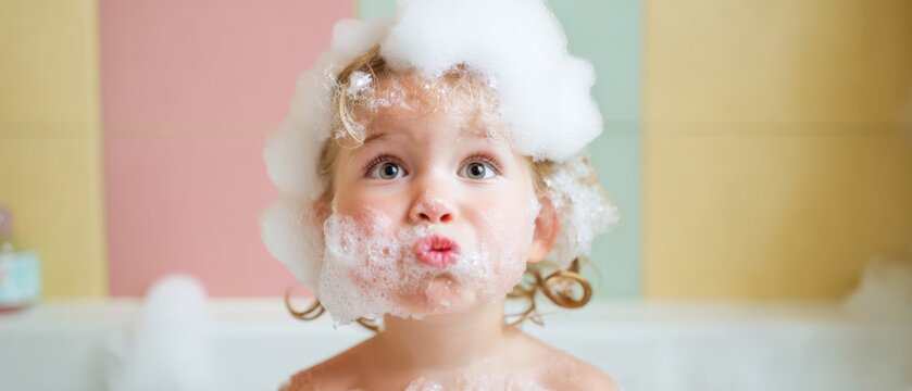 Child with soap foam in bathtub