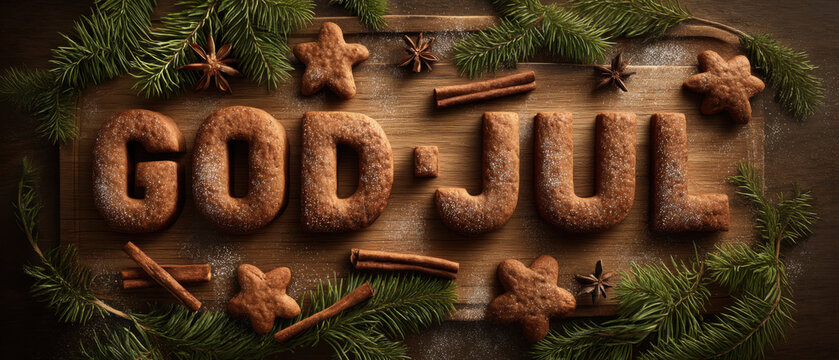 Gingerbread cookies forming GOD JUL holiday greeting