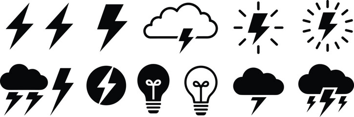 Vector icon set of electricity symbols including lightning bolts power plugs high voltage signs batteries and light bulbs for energy industry graphic design projects.