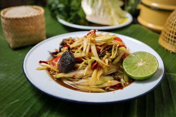 Papaya salad with fermented fish,Sticky rice, papaya salad, Som Tam , som tum, thai food, isan food,Thai isan kitchen , som tum lao