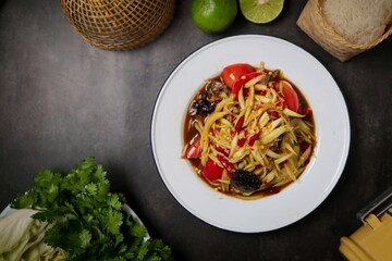 Papaya salad with fermented fish,Sticky rice, papaya salad, Som Tam , som tum, thai food, isan food,Thai isan kitchen , som tum lao