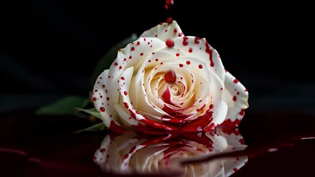 A strikingly beautiful white rose is dramatically impacted as vivid red liquid drips and splashes onto its delicate petals, creating a profound visual contrast. The rich crimson fluid pools on the dar