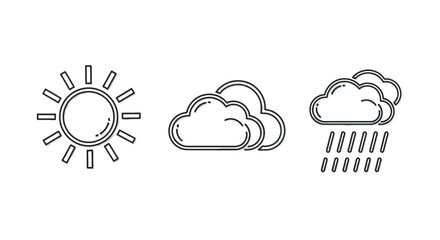 Line art weather icons showing sun, clouds, and rain for forecast and climate representation.