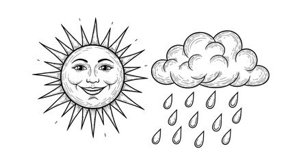 Black and white line drawing of a smiling sun and a rain cloud with raindrops, depicting weather elements.