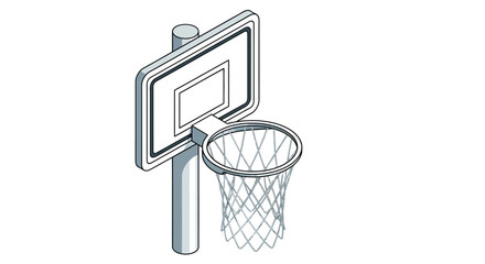 Isometric view of a basketball hoop with a net, backboard, and pole, isolated.