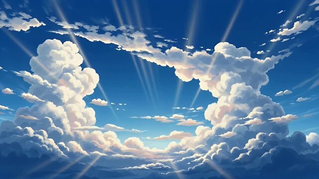 A stunning animated sky scene unfolds with a vibrant blue expanse framed by voluminous, fluffy white cumulus clouds. Golden rays of sunlight dramatically pierce through the cloud formations, casting a