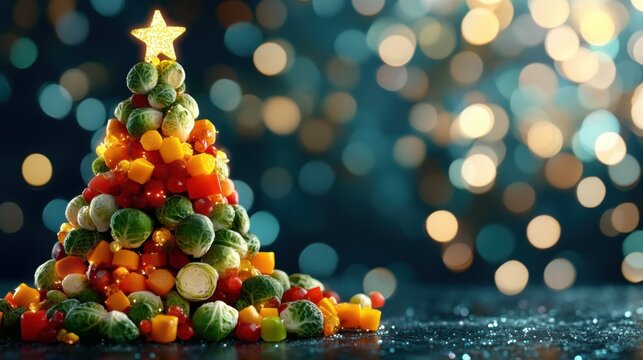 Veganuary winter challenge. Christmas tree made from Brussels sprouts and vegetables, seasonal renewal and plant based healty concept