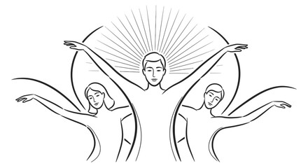 Illustration depicting three people with outstretched arms, radiating light, and a circular halo.