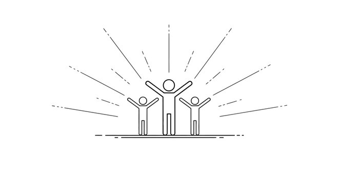 Minimalist line art of a leader and team celebrating success with arms raised high under radiating light.