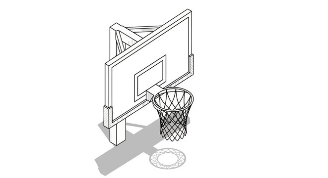 Isometric black and white line drawing of a basketball hoop with backboard and net.